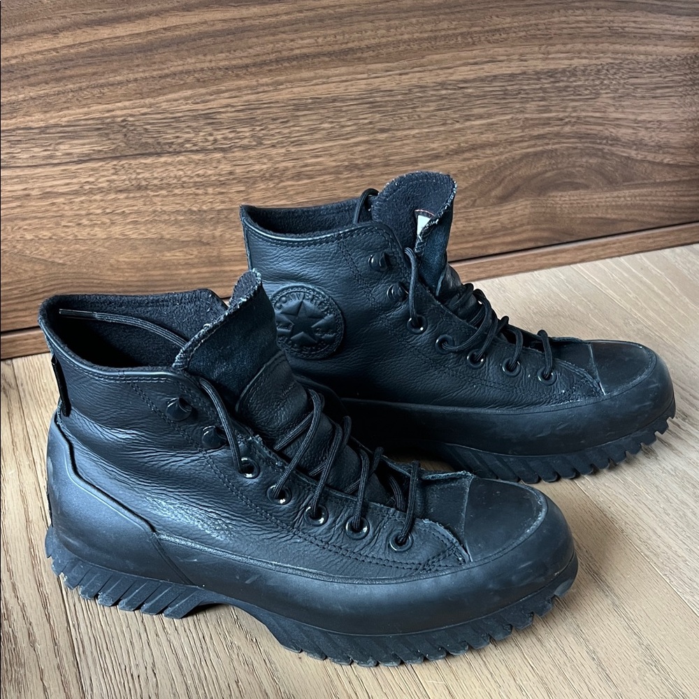Converse lug sole. 7.5 woman's. 5.5 men's. Black Leather Lace-Up Boots